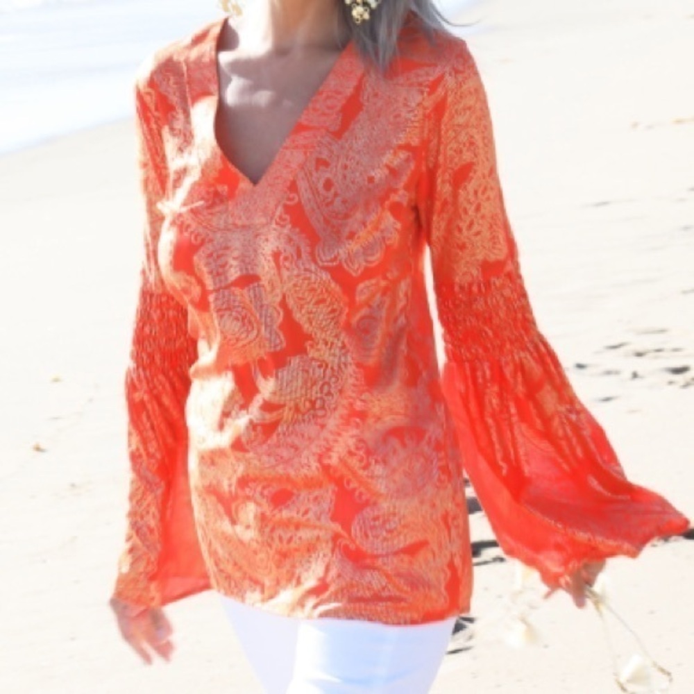 Michael Kor’s Golden Shine Orange Tunic with Gathered Bell Sleeves and v-neck